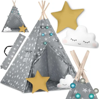 Nukido Bērnu Telts ar Gaismas Virteni, Pelēka ar zvaigznēm | Tepee Tent for Children with Lights