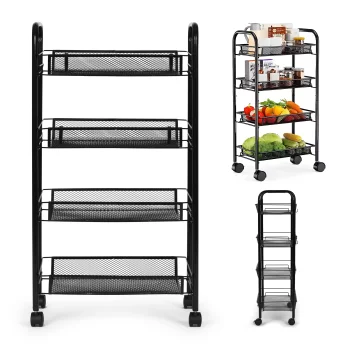 ModernHome PJJKT0103-04 mobilais metāla plaukts ar 4 groziem un riteņiem, melns