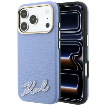 Karl Lagerfeld Grained with Resin Logo MagSafe vāciņš priekš iPhone 18 Pro Max / 17 Pro Max, gaiši zils
