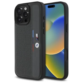 BMW tālruņa vāciņš iPhone 16 Pro Max M Perforated Tricolor Detail Line, tumši pelēks