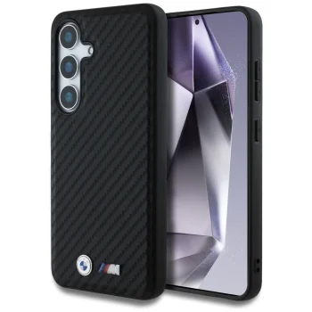 BMW Leather Carbon MagSafe vāciņš Samsung Galaxy S25 telefonam - Melns
