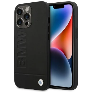 BMW Leather Stamp vāciņš iPhone 14 Pro telefonam, melns
