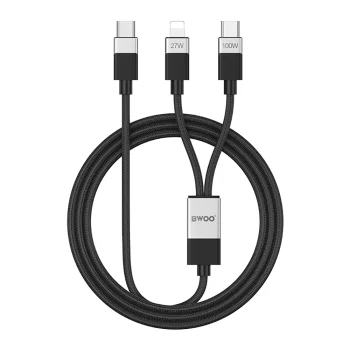 Bwoo pīts 2-in-1 kabelis USB-C uz USB-C un Lightning, 1m, 100W/27W, melns