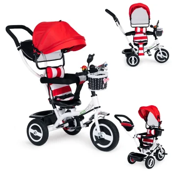 Ecotoys bērnu trīsritenis ar grozāmu sēdekli un nolaižamu jumtiņu, sarkans