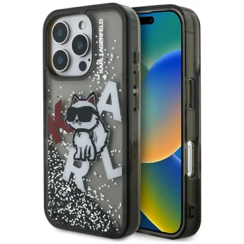 Karl Lagerfeld Liquid Glitter Choupette Logo vāciņš priekš iPhone 16 Pro, melns