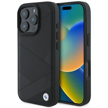 BMW Leather Crossing Lines vāciņš priekš iPhone 16 Pro 6.3", melns