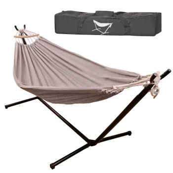 Dārza šūpuļtīkls ar statīvu un somu, 247 cm, 100 kg, melns/pelēks