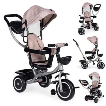 ECOTOYS trīsriteņu velosipēds-ratiņi 2v1, bēšs