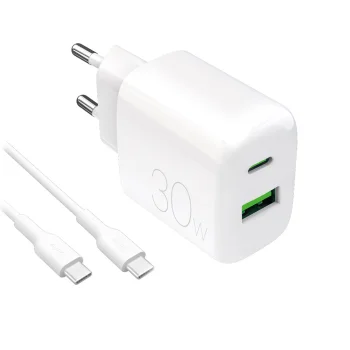 Sienas lādētājs Puro PROLITE 30W USB-A / USB-C ar kabeli 1.2m, balts