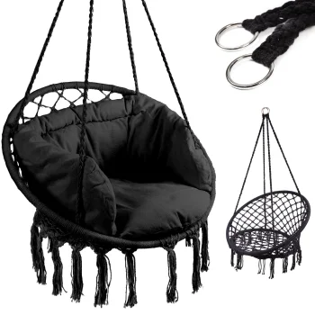 Dārza Mājas Šūpuļtīkls Šūpoles Krēsls no Pītām Virvēm "Stārķa ligzda" ar Spilvenu, Melns | Hammock Chair...
