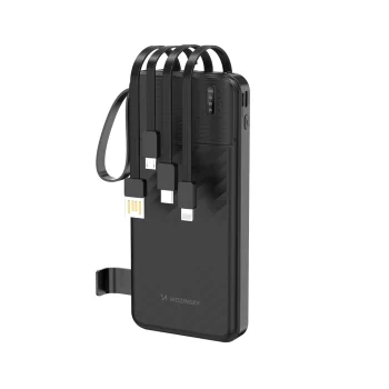 Wozinsky W11-B 10000mAh 10W ārējais akumulators ar kabeļiem un lukturīti, Melns