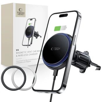 Tech-Protect MM15W-V4 MagSafe 15W auto turētājs ar lādētāju, Melns