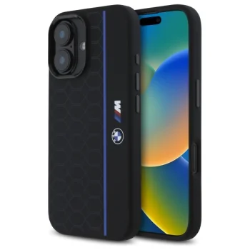 BMW Silicone Hexagon Blue Line MagSafe vāciņš iPhone 16, melns