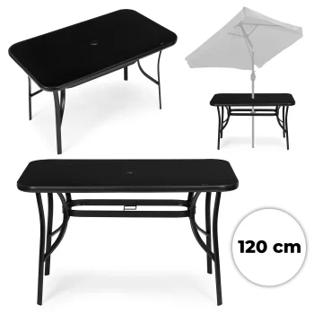 Dārza galds 120x70 cm rūdīts stikls ar caurumu saulessargam MultiGarden, melns