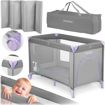 Ricokids RK-240 ceļojumu gultiņa ar matraci un somu, pelēka/lavandas