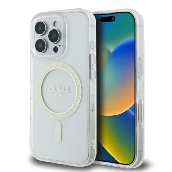 Guess vāciņš iPhone 16 Pro 6.3" HC MagSafe IML Glitter Circle, caurspīdīgs