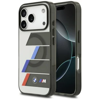BMW M IML Metal Buttons Tricolor Lines MagSafe vāciņš iPhone 17 Pro Max, pelēks