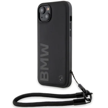 BMW Signature Leather Wordmark Cord vāciņš iPhone 15 Plus / 14 Plus, melns