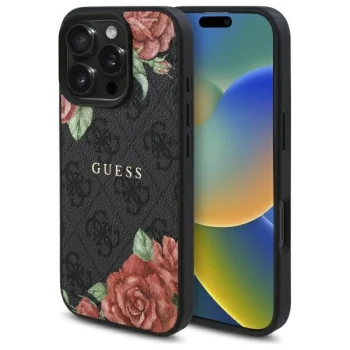 Guess iPhone 16 Pro Max vāciņš 4G Flowers Print MagSafe, melns