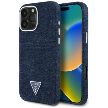Guess Denim Triangle Logo MagSafe iPhone 16 Pro vāciņš, zils
