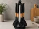 Melns silikona virtuves piederumu komplekts ar statīvu, 6 daļas