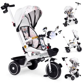 Ecotoys bērnu trīsritenis ar grozāmu sēdekli un jumtiņu, ziedu raksts