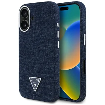 Guess Denim Triangle Logo MagSafe vāciņš iPhone 16 telefonam, zils