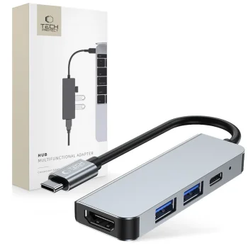 USB-C centrmezgls Tech-Protect V2 4in1 (HDMI, USB 3.0, USB 2.0, USB-C), pelēks