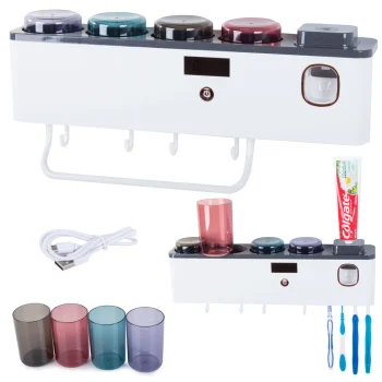 Zobu birstu organizators ar UV sterilizatoru un zobu pastas dozatoru