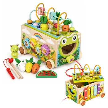 ECOTOYS koka izglītojošais kubs Varde 8in1 ar ratiņiem, ksilofonu un magnētisko spēli