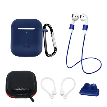 Aksesuāru komplekts priekš AirPods 2 / AirPods 1 ar silikona maciņu un stiprinājumiem, zils