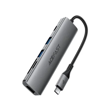 Acefast J18 USB-C 6-in-1 USB centrmezgls (HDMI 4K, PD 90W), pelēks