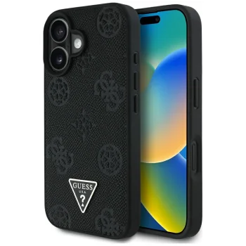 Guess Grained Hot Stamp Peony MagSafe vāciņš iPhone 16 - Melns