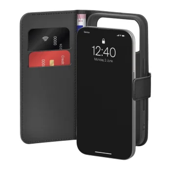 Atverams vāciņš Puro Wallet Stand iPhone 17 Pro ar statīva funkciju, melns