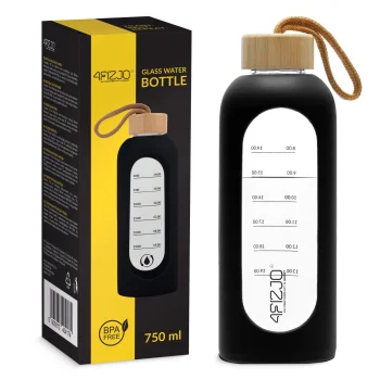 4FIZJO stikla ūdens pudele ar silikona apvalku 750 ml, melna