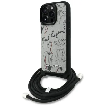 Karl Lagerfeld Crossbody Grained Pattern & Logo vāciņš iPhone 16 Pro Max ar siksniņu, pelēks