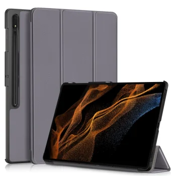 Samsung Galaxy Tab S9 Ultra (SM-X910, SM-X916B) Tri-fold Stand Design Leather Case Cover, Grey | Vāks Apvalks...