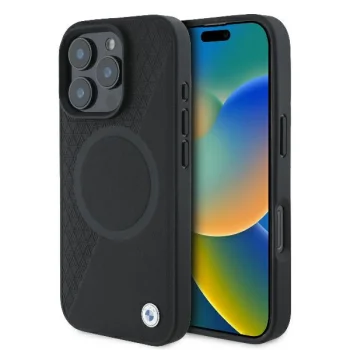 BMW Signature Leather Half Textured & Circle MagSafe vāciņš priekš iPhone 16 Pro, melns