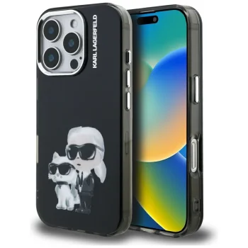 Karl Lagerfeld IML Aquarelle Karl & Choupette vāciņš iPhone 16 Pro, melns