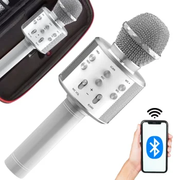 Bezvadu Bluetooth karaoke mikrofons ar skaļruni un maciņu, sudraba
