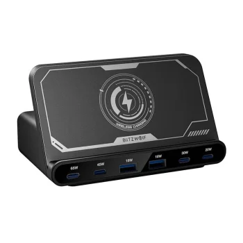 Tīkla lādētājs Blitzwolf BW-S27 160W, 4x USB-C, 2x USB-A un 15W bezvadu uzlāde, melns