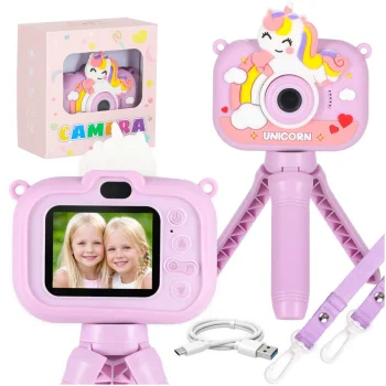 Bērnu digitālais fotoaparāts ar statīvu Vienradzis, 1080P, 8GB, violets