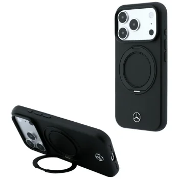 Mercedes Leather with Ring Stand MagSafe vāciņš priekš iPhone 18 Pro Max / 17 Pro Max, melns