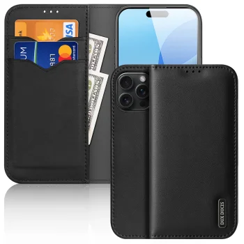 Dux Ducis iPhone 16 Pro atverams ādas vāciņš maciņš-grāmatiņa Hivo ar RFID aizsardzību, melns
