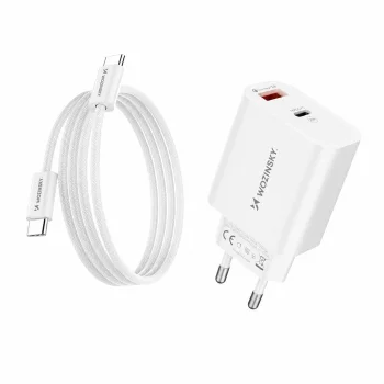 Sienas lādētājs Wozinsky WLS-20W, 20 W, USB-A un USB-C, ar 1 m USB-C kabeli, balts