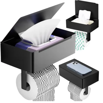 Tualetes Papīra Turētājs ar Salvešu Kastes Plauktu, Melns | Toilet Paper Holder with Tissue Shelf