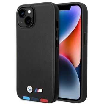 BMW iPhone 14 Plus vāciņš Leather Stamp Tricolor, melns