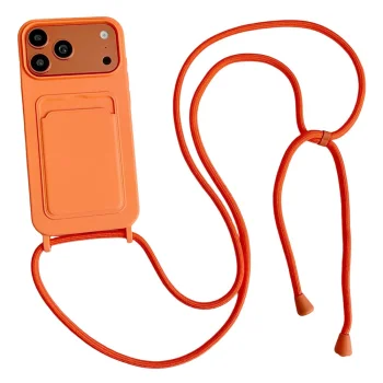 Silikona vāciņš iPhone 17 Pro / 18 Pro ar karšu kabatu un pleca siksniņu, oranžs