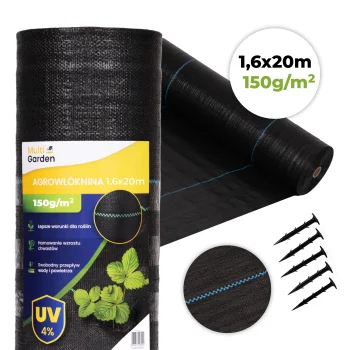 Multigarden melns agroplēves pretnezāļu segums UV 150g 1.6x20m ar tapām