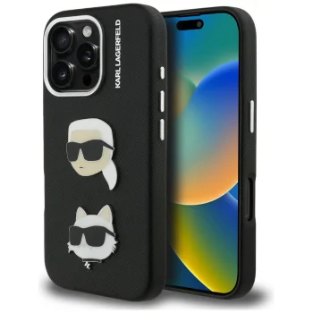 Karl Lagerfeld FW Grained Karl & Choupette Heads Pins vāciņš iPhone 16 Pro Max, Melns